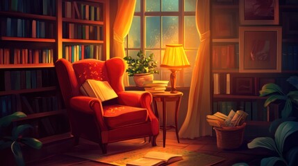 Reading book vector illustration, showcasing a cozy reading corner with warm lighting and comfortable seating