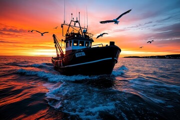 Obraz premium Fishing boat returning to shore at sunset, silhouetted against the orange and pink sky, with seagulls flying overhead and the water gently lapping at the boatâ€™s sides