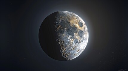 Naklejka premium A close-up image of a half-moon in a dark space. The moon is illuminated on the right side, revealing its craters and texture.