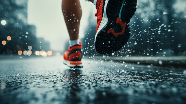 A close-up of running shoes pounding the pavement, capturing the speed and motion