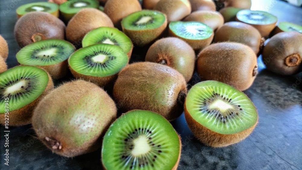 Canvas Prints A cut kiwi fruit shows the bright green flesh layered on the dark surface.