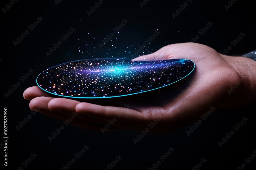 Poster futuristic holographic loyalty card, where points are displayed in mid-air as the customer scans the