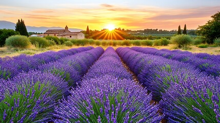Fototapeta premium Lavender fields at sunset with a church in the distance.