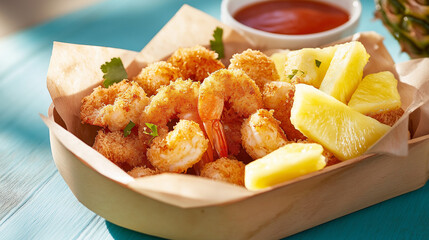A delicious plate of crispy coconut shrimp served alongside fresh pineapple wedges and a tangy dipping sauce, perfect for a tropical appetizer or meal.