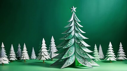 Glowing silver christmas tree appearing on green background in the style of papercraft