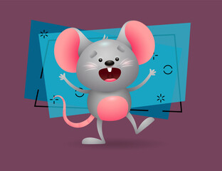Jolly gray mouse in excitement. Cute character screaming and waving. Can be used for topics like animal, rodent, cartoon