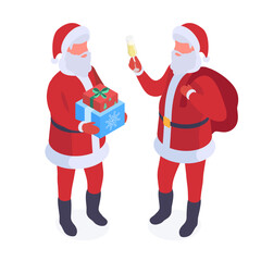 Santa Claus characters. Isometric Christmas Santa mascots with sackful of gifts and champagne glass 3d vector illustration set. Christmas holidays Santa Clauses on white
