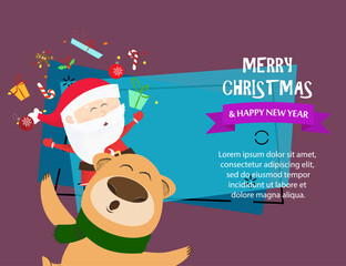 Merry Christmas and Happy New Year creative banner design. Inscription with bear and Santa on abstract background with sample text. Can be used for postcards, invitations, greeting cards