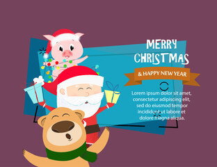 Merry Christmas and Happy New Year banner design template. Inscription with bear, Santa and piggy on abstract background with sample text. Can be used for postcards, invitations, greeting cards