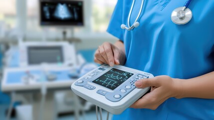 Medical professional operating diagnostic equipment in a clinical setting.