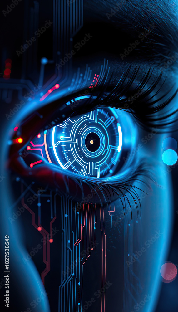 Poster futuristic ai artificial intelligence cyber eye with embedded hi tech circuit board lines glowing blue light technology security concept vertical format