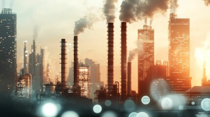 A cityscape with factories, overlayed with symbols of money and taxes, emphasizing the carbon tax on industrial sectors