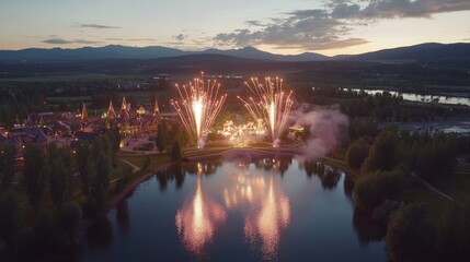 Obraz premium Vibrant Fireworks Display Over Serene Mountain Lake Landscape
