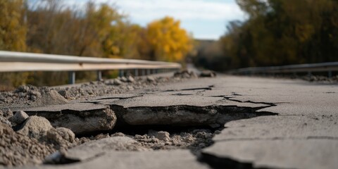 Obraz premium A damaged and cracked asphalt road, highlighting the severity of wear and tear on infrastructure, amidst a rural environment with autumn foliage and clear skies.