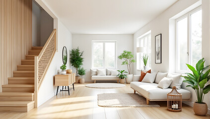 Fototapeta premium Farmhouse home interior design of modern living room with wooden staircase, white sofa and plants