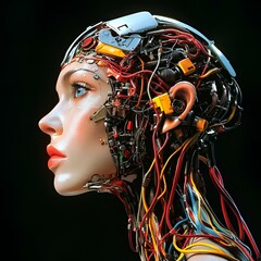 Female cyborg with exposed circuitry against dark background