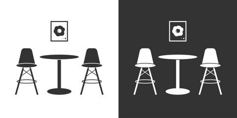 Furniture interior flat icon with chairs and table. Black and white version