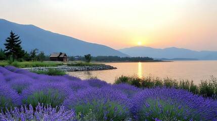 Obraz premium A wooden cabin nestled on a lakeshore, surrounded by a field of blooming lavender under a vibrant sunset sky.