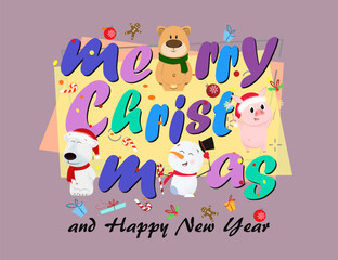 Merry Christmas and Happy New Year creative poster with lettering. Multicolored calligraphy with cartoon characters on abstract background. Can be used for postcards, greeting cards, leaflets
