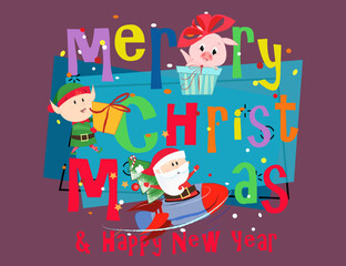 Merry Christmas and Happy New Year postcard with multicolored inscription. Lettering with cartoon characters on abstract background. Can be used for postcards, greeting cards, leaflets