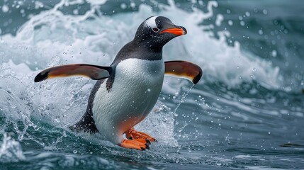 Fototapeta premium A gentoo penguin leaps out of the water with its wings spread wide, creating a spray of water as it emerges from the ocean.