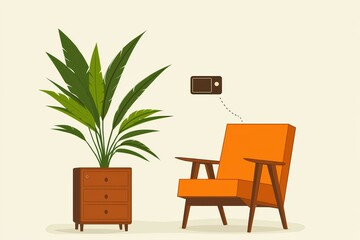 Fototapeta premium Stylish orange chair with a potted plant on a minimalist background, perfect for modern interior designs.