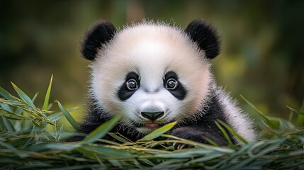 A cute baby panda with large, round eyes looking directly at the camera, surrounded by green bamboo.