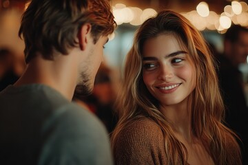 Fototapeta premium A couple at a social event, one partner secretly flirting with someone else in the background, blurred guests and celebration around them