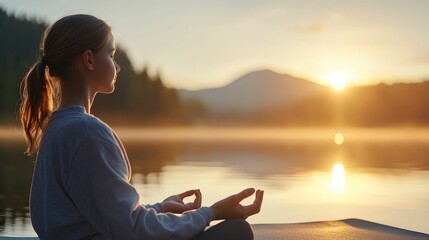 Woman meditating on a yoga mat at sunrise, peaceful surroundings enhancing mindful exercise and healthy living