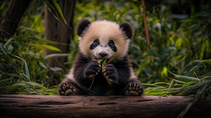 Obraz premium Adorable panda cub sitting on a log, eating bamboo leaves.