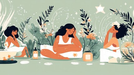 Set of wellness activities vector illustrations, including spa day, aromatherapy, and breathing exercises, peaceful and soothing design
