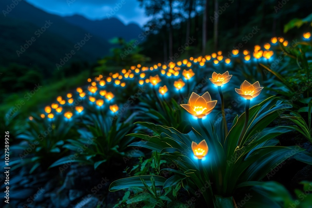 Poster magical glowing orchids in an enchanted forest, with their petals softly emitting light, illuminatin