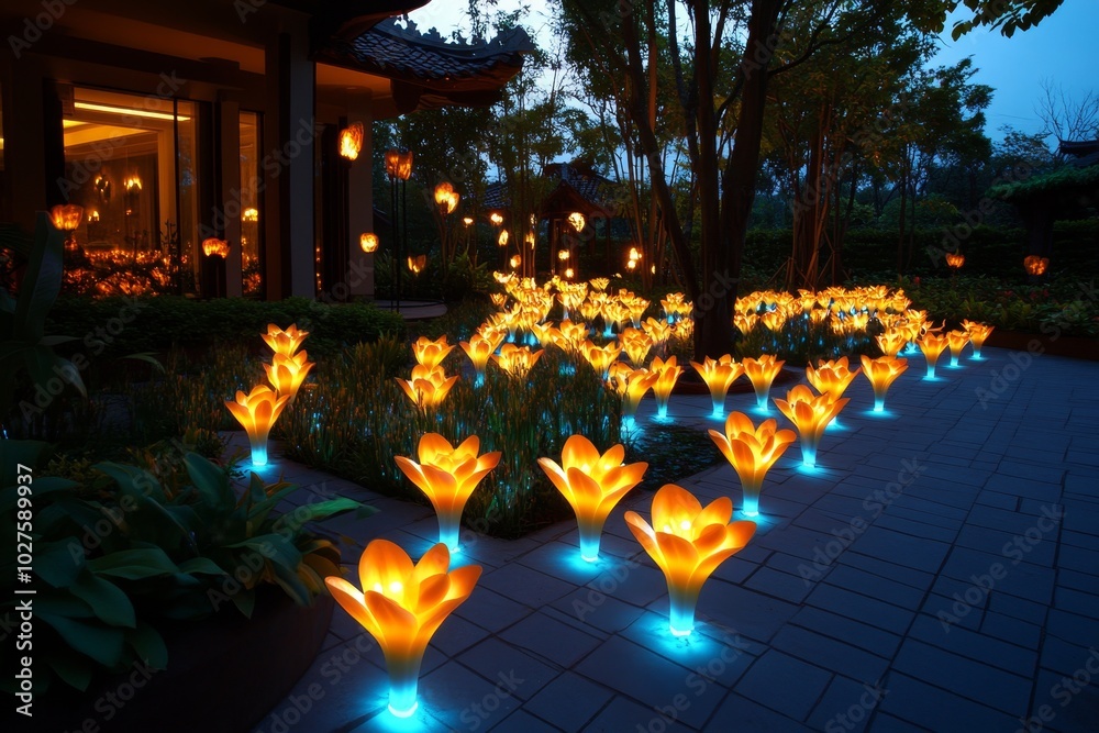 Poster magical glowing orchids in an enchanted forest, with their petals softly emitting light, illuminatin