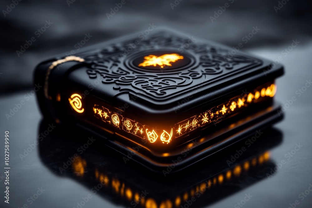 Poster magical personalized journal with glowing engravings, where the customerâ€™s name and custom symbols