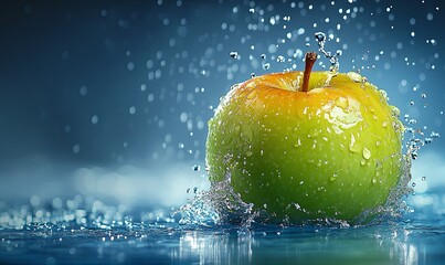 A green apple with water droplets splashing around it on a blue background.