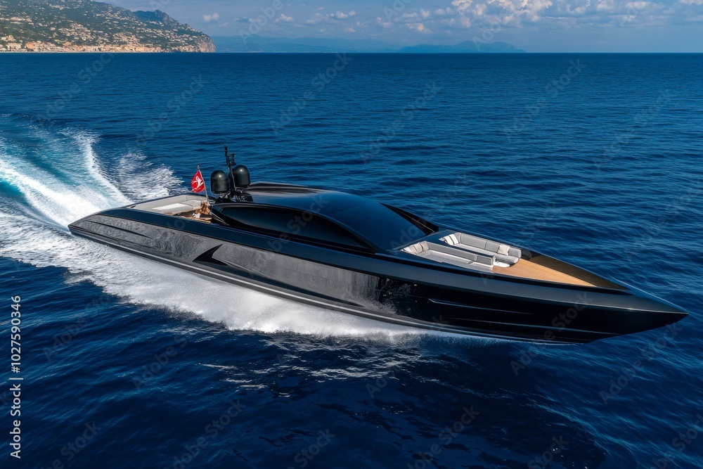 Aufkleber Minimalist motorboat speeding across the water, with clean, sharp lines showing its sleek design and a simple wake behind it, emphasizing speed and motion