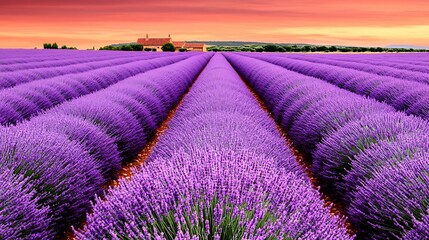 Obraz premium A picturesque lavender field at sunset with a farmhouse in the distance.