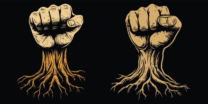 Raised Fists with Roots Symbolizing Strength and Resilience Vector Art