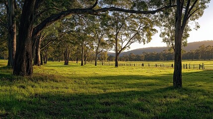 Obraz premium A serene landscape with lush green grass, tall trees, and a wooden fence in the distance. The warm sunlight illuminates the scene, creating a peaceful and tranquil atmosphere.