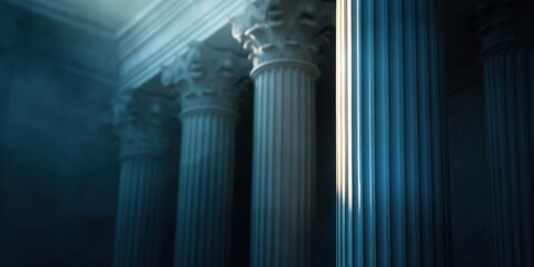 Obraz premium This striking image features a series of ancient architectural pillars in a colonnade, beautifully highlighted by a ray of sunlight, evoking timeless grandeur.
