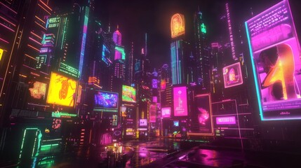 Fototapeta premium Neon-Lit Cyberpunk City Skyline with Futuristic Skyscrapers and Billboards