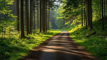 Obraz premium A winding road through a lush green forest with sunlight dappling through the trees.
