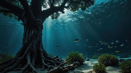 A large tree submerged underwater with sunlight shining down and fish swimming around it.