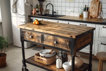 Dark brown rolling kitchen island with two drawers, an open shelf, and a light wooden top for serving, in a modern kitchen with white walls and black tiles.