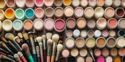 An array of colorful makeup powders and brushes organized neatly, illustrating an enticing palette of beauty products perfect for a vibrant cosmetology experience.