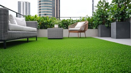 Modern balcony with green grass, stylish furniture, and urban view, perfect for relaxation.