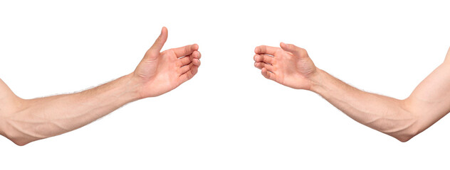 Two outstretched hands with open palms ready to hold an object. Isolated background PNG file makes it easy to edit and add objects to the hands in Photoshop