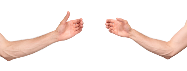 Two outstretched hands with open palms ready to hold an object. Isolated background PNG file makes it easy to edit and add objects to the hands in Photoshop