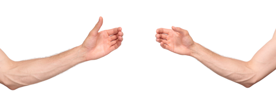 Two outstretched hands with open palms ready to hold an object. Isolated background PNG file makes it easy to edit and add objects to the hands in Photoshop