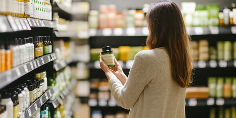 A woman in a cozy sweater examines a bottle of vitamins attentively while standing in a health supplement aisle, highlighting wellness and informed shopping choices.